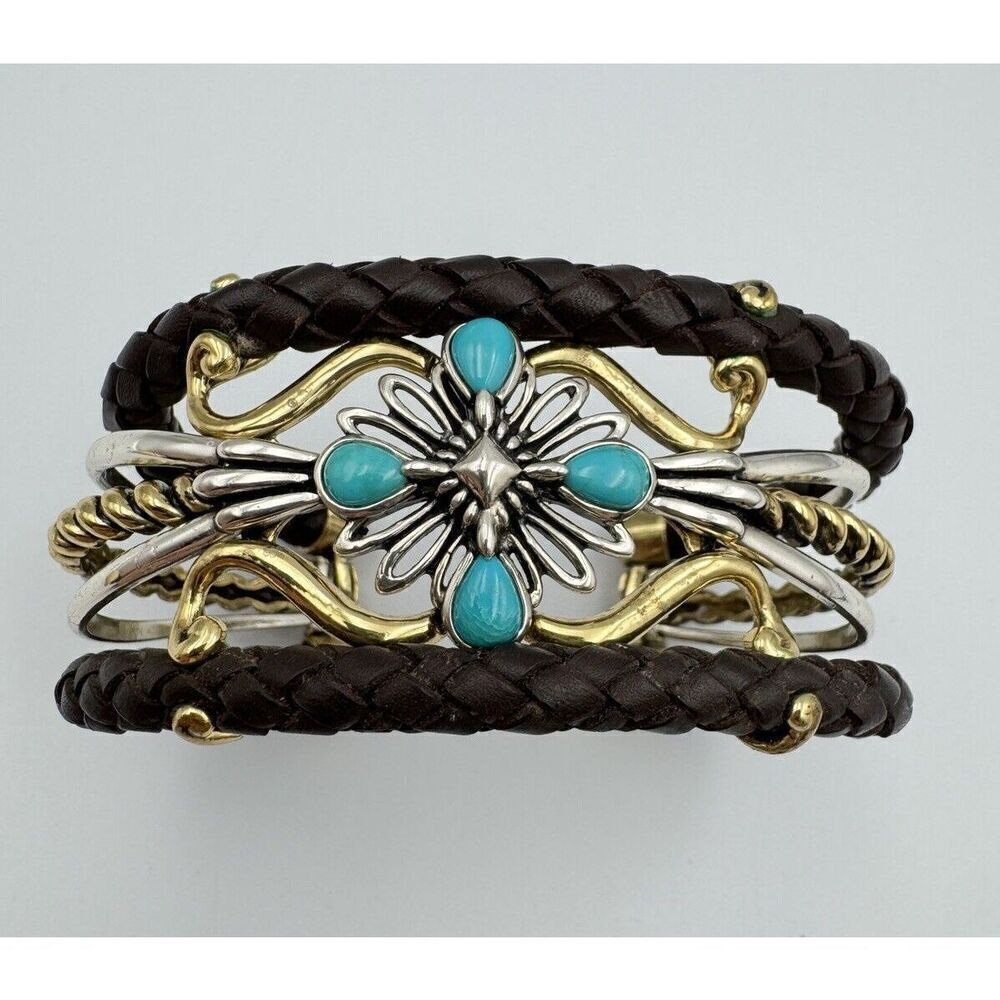 Carolyn Pollack American West Sterling Silver Brass Leather Wrap Turquoise‎ Cuff